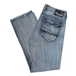 Buffalo Men's 34 Relaxed Fit Distressed Blue Denim Jeans Flap Pockets